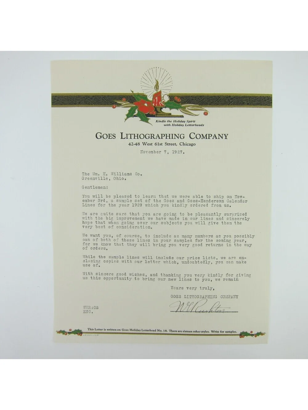 Vintage 1927 Christmas Stationery Sample Candle Poinsettia Goes Lithography Co